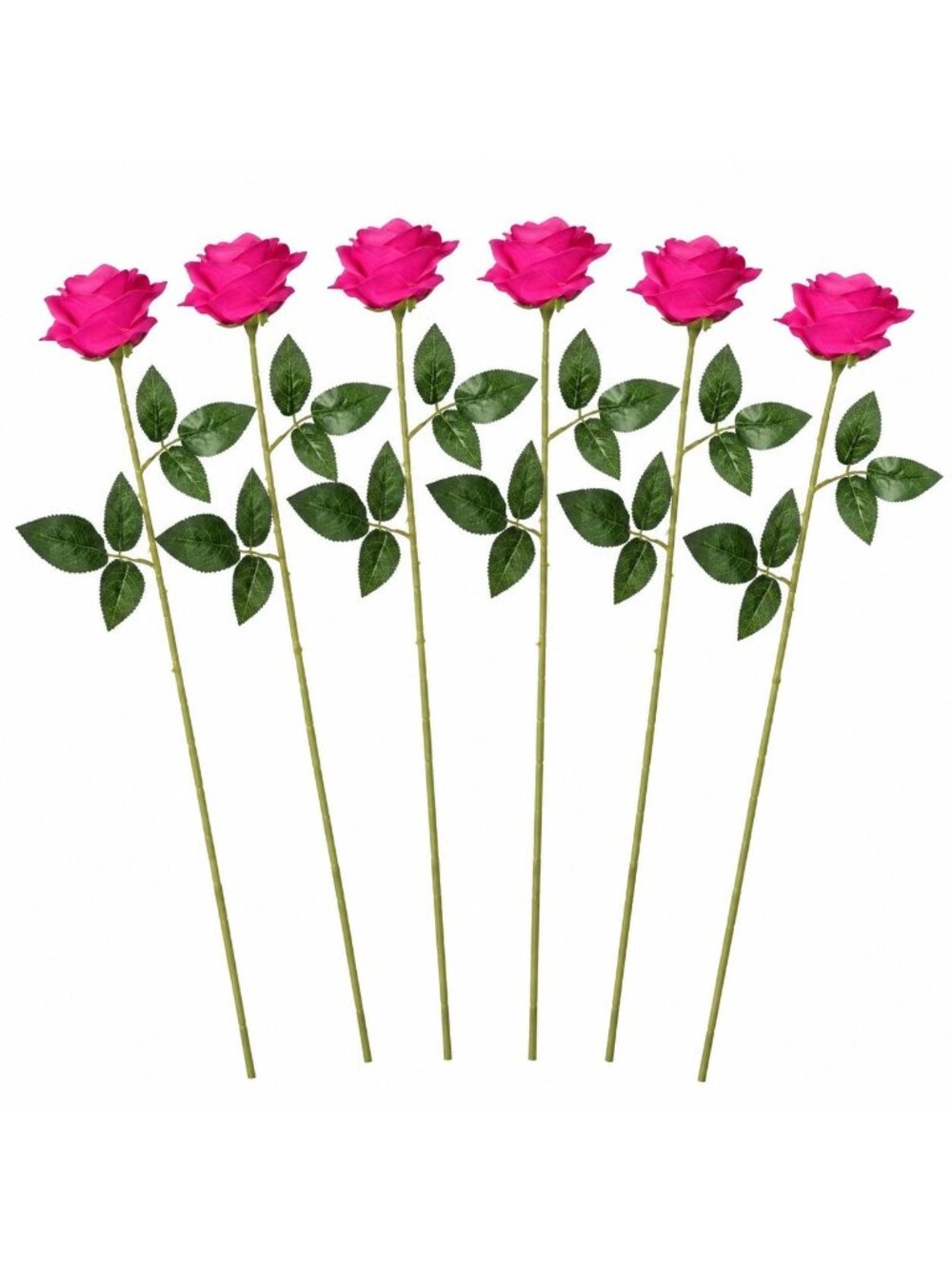 Hot Pink Artificial Rose Stems Set of 6, 19 Inch Faux Roses, Wedding Bouquet Flo